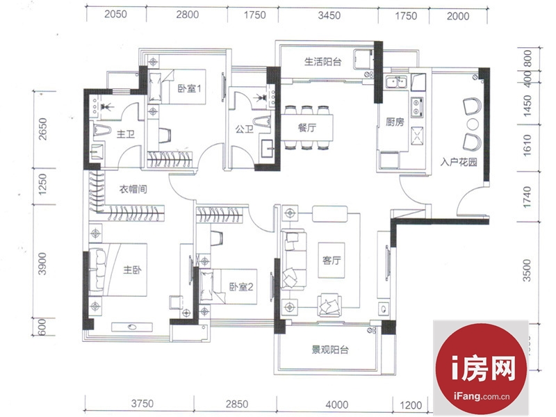 林隐天下28座四至二十七层03户型3室2厅2卫1厨 128.00㎡